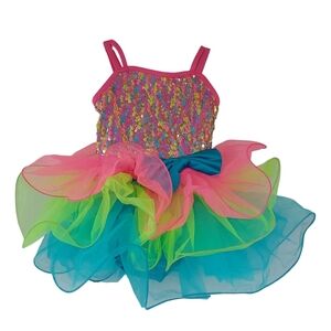 Weissman Hot Pink Sequin Multicolor Tulle Dance Dress